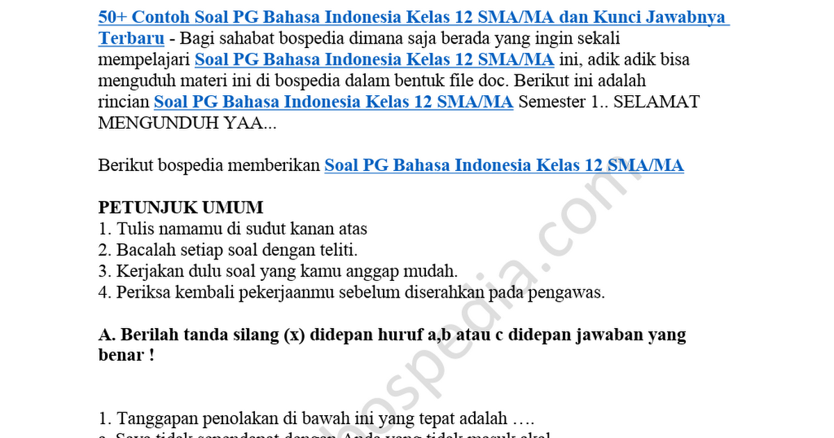 50 Contoh Soal Pg Bahasa Indonesia Kelas 12 Sma Ma Dan Kunci