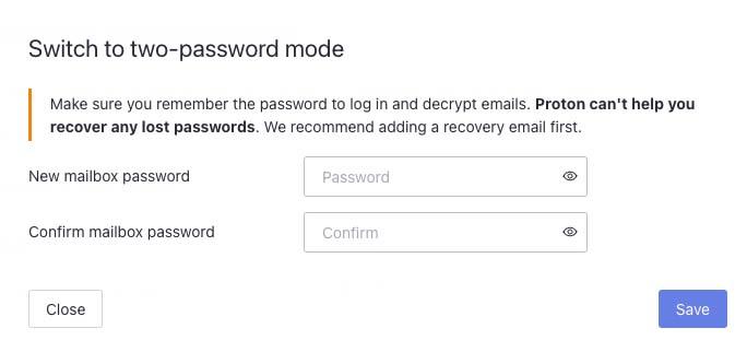 Boxes to add a second, mailbox password to switch to two-password mode
