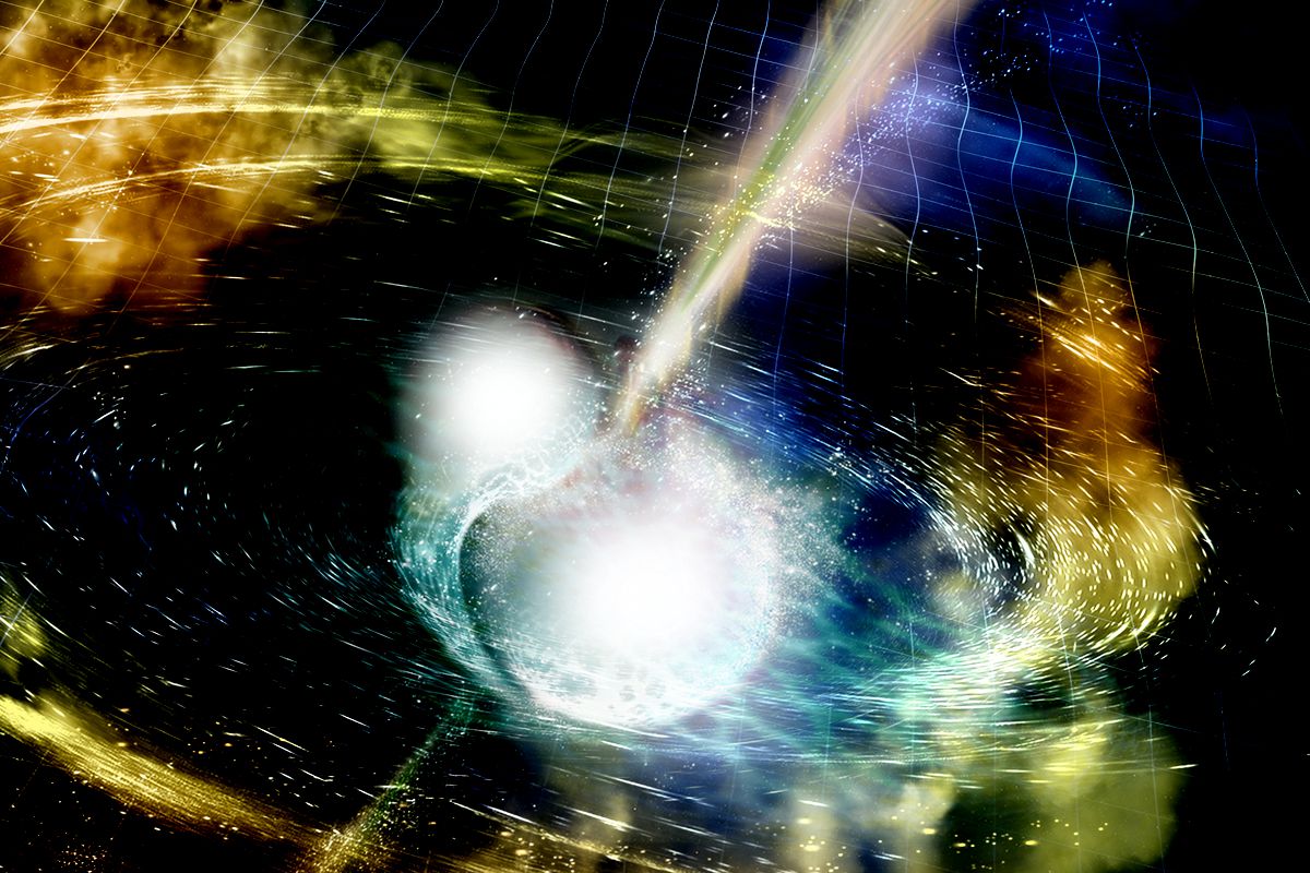 “Two merging neutron stars” an artist illustration for LIGO.