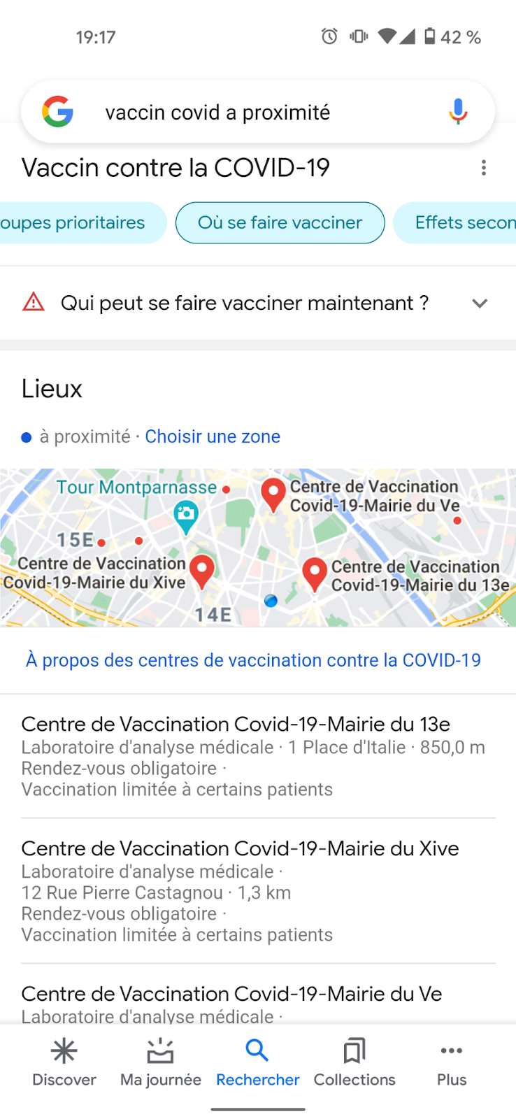 Capture d'écran d'une recherche de "vaccin covid a proximité"