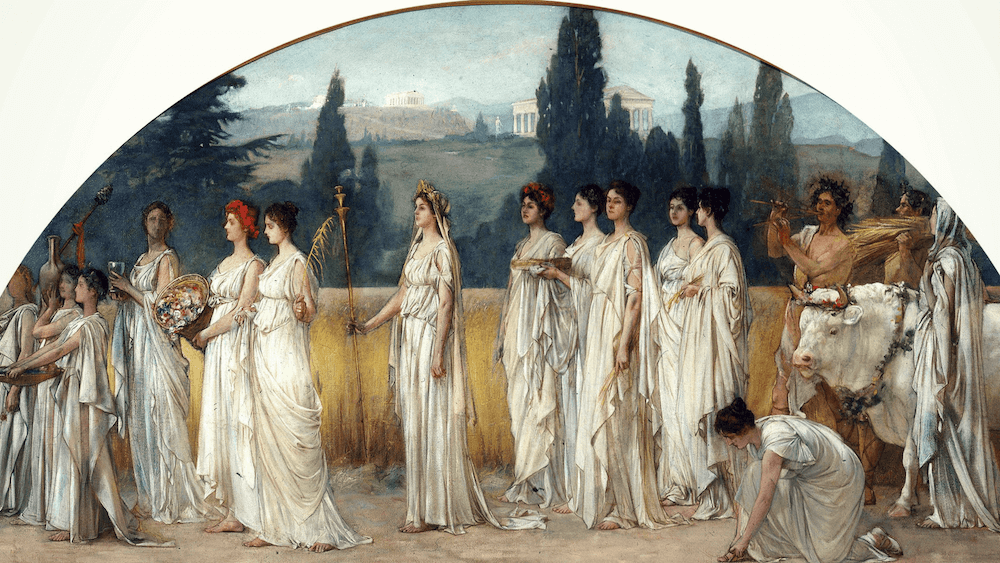 In this work of art, Greek women dressed in white celebrate the Thesmophoria festival exclusively for women.