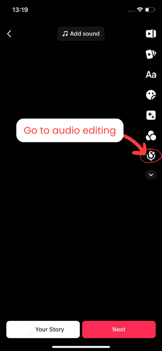 This image shows how to access audio editing feature on TikTok APP