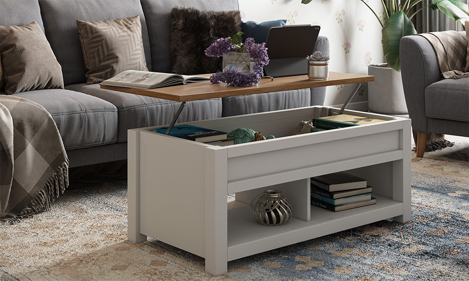 Space-saving work table cum coffee table with height adjustment