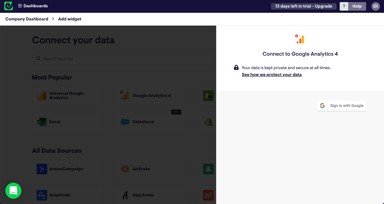 Google Analytics 4 data source connection in Geckoboard