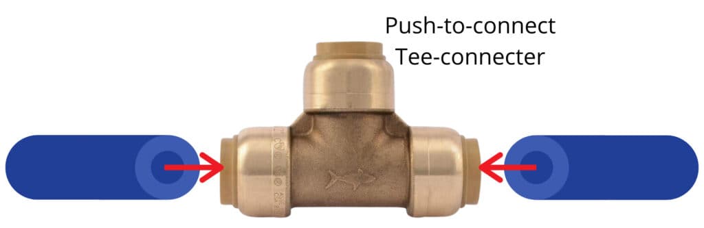 Attaching a cut PEX pipe to a push-to-connect tee-connecter