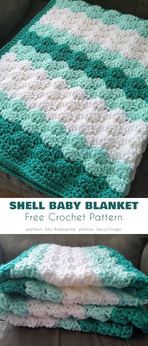 green and white baby blanket with shell stitches