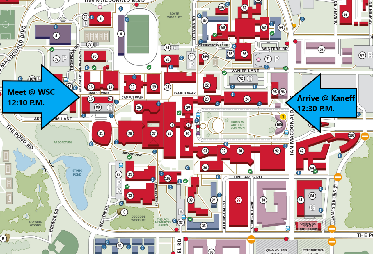 Map of York University Keele Campus - Meet at WSC @ 12:10 P.M. and then march togethe to Kaneff Tower arriving there at 12:30 P.M.