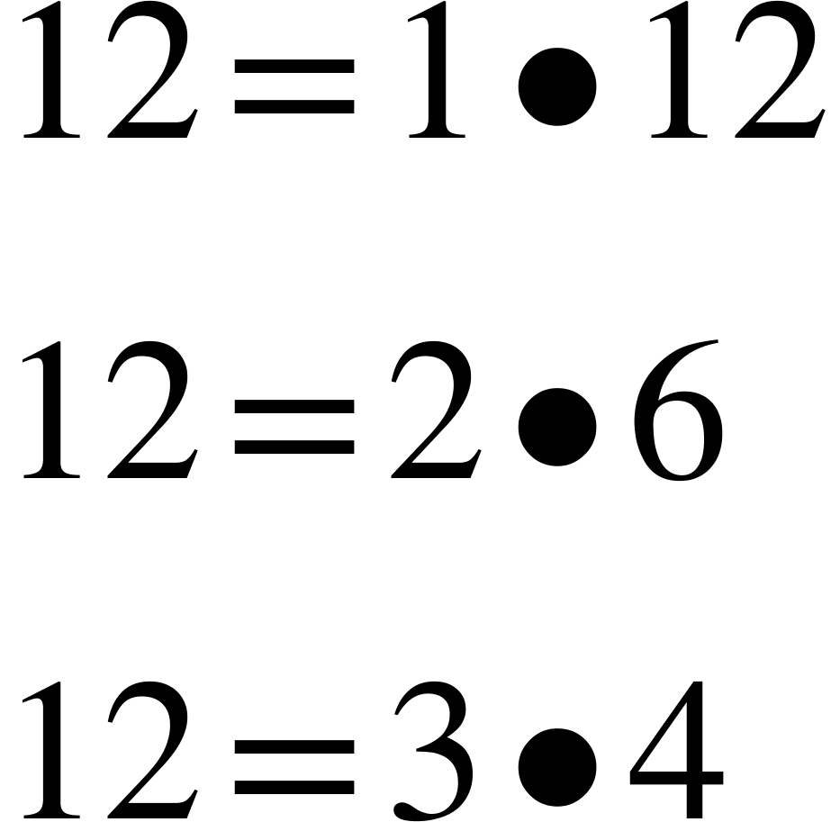 Three equations showing 12 as the product of its factors.