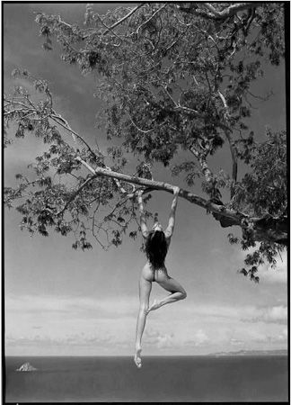 Fotografia em preto e branco, à modelo encontra-se pendurada em um galho de árvore, ela está nua e virada de costas. Seu cabelo é longo e cobre toda a extensão de suas costas.