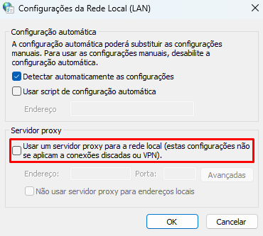 Destaque para a configuração de servidor proxy com a caixa de seleção desmarcada