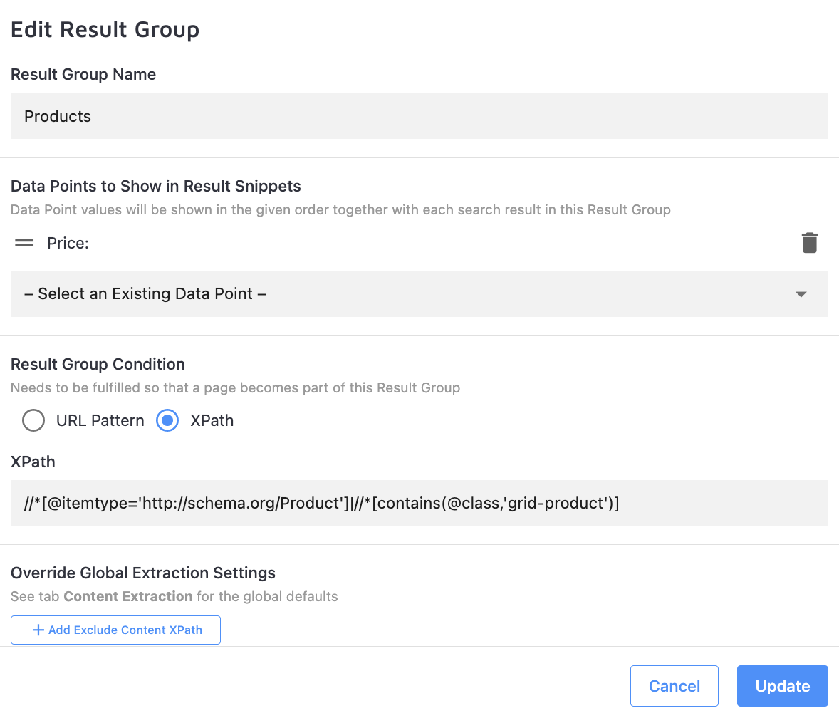 Products Result Group configuration