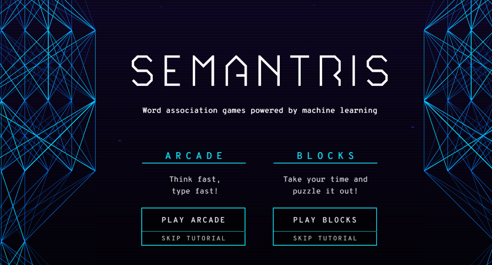 The techno looking home screen of Semantris. 