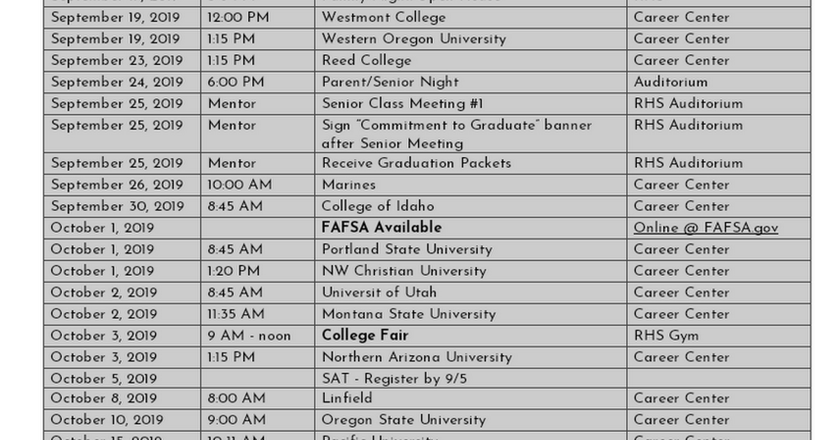 Class of 2020 Critical Dates Calendar Google Docs