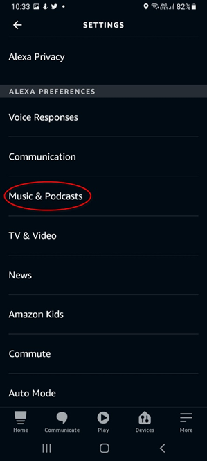 Alexa app settings for enabling Spotify Connect