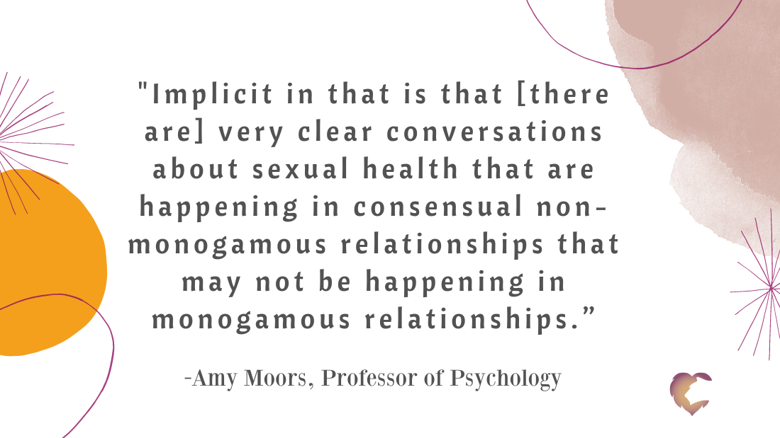 Quote ""Implicit in that is that [there are] very clear conversations about sexual health that are happening in consensual non-monogamous relationships that may not be happening in monogamous relationships.” Credit: Amy Moors / Lion's Den logo in bottom right corner