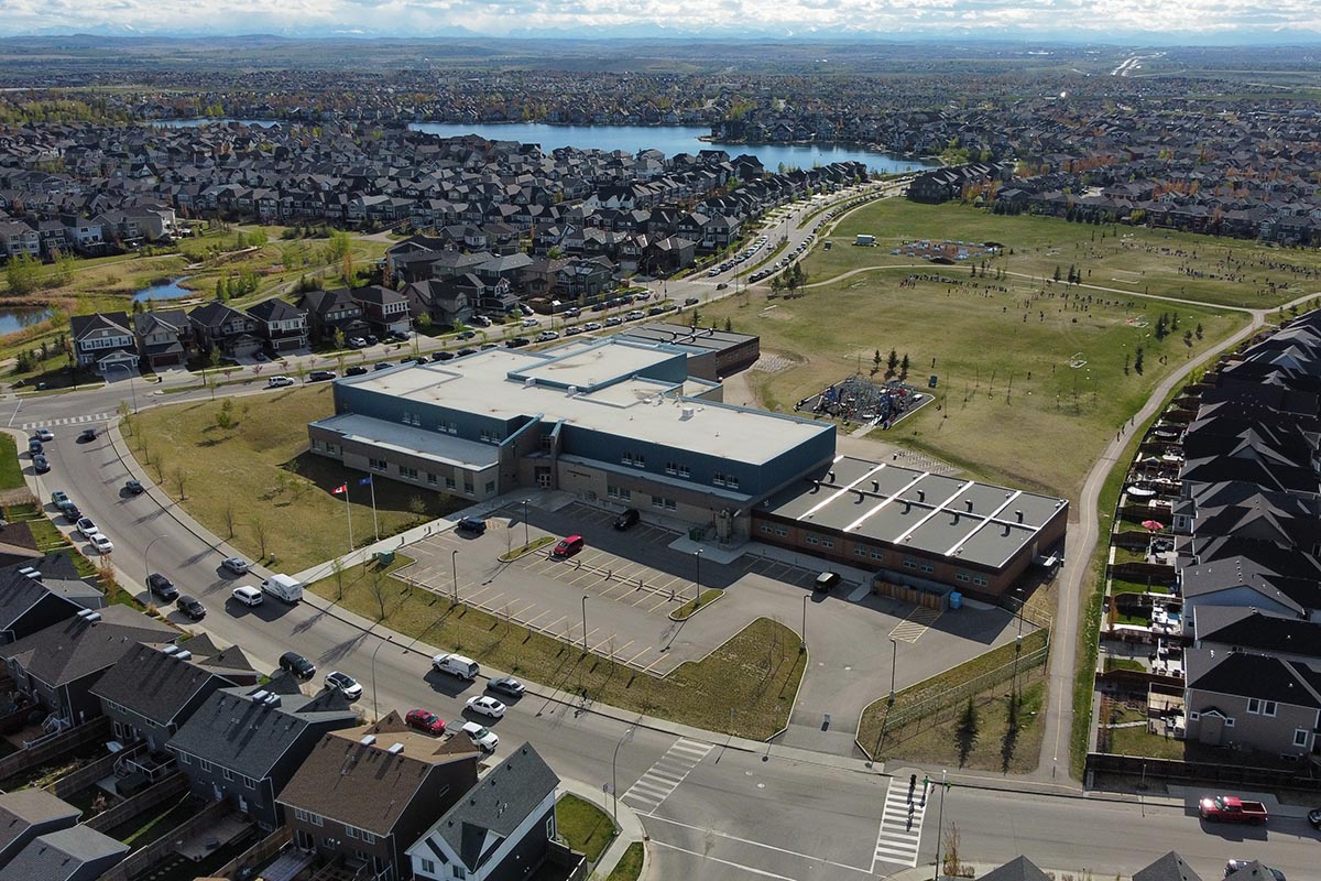 Drone photo of Auburn Bay School in SE Calgary, AB