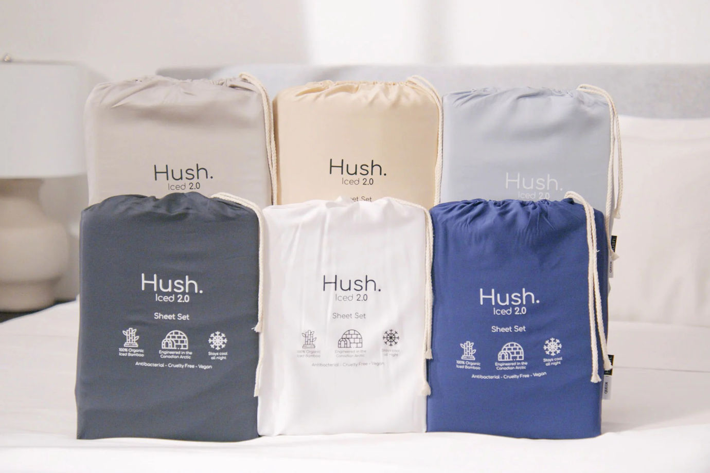 All available colors of Hush Sheets and Pillowcase Set packed in their respective cloth bags.