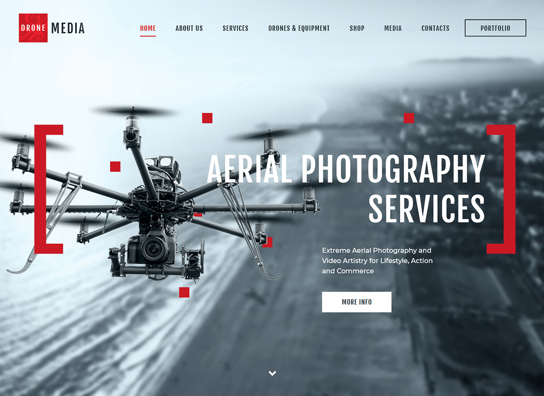 Drone Media - Tema de WordPress para fotografía aérea y videografía