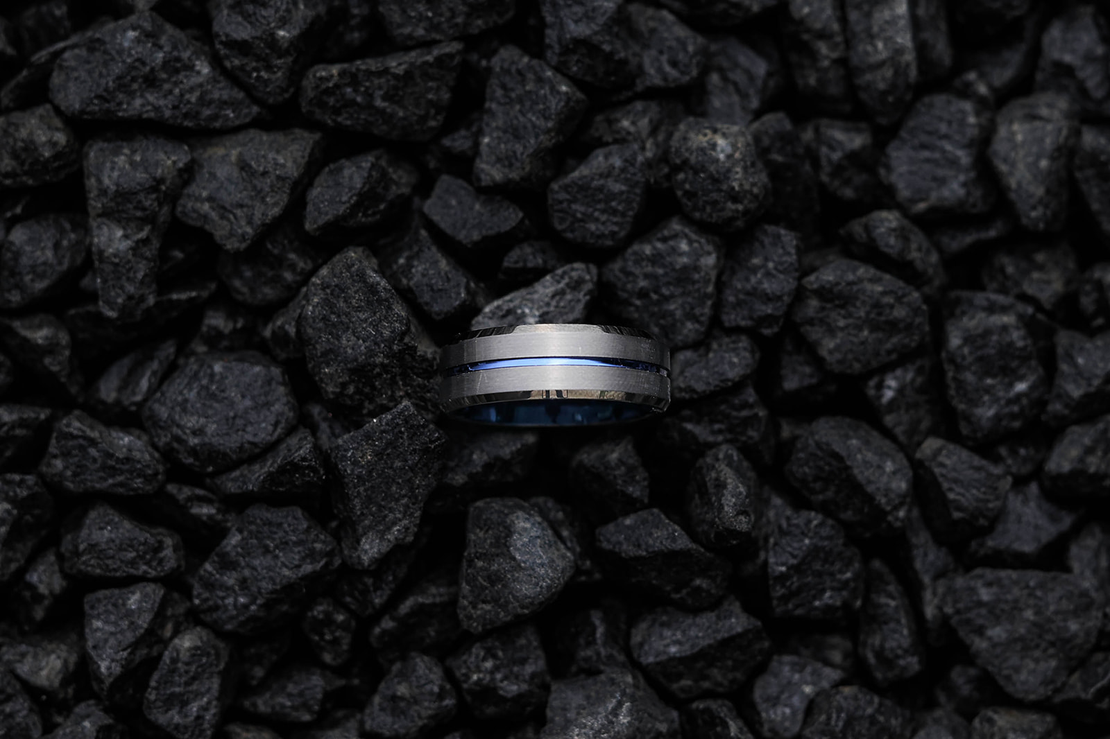 Storm - Brushed tungsten with a blue centre and inside plating wedding ring