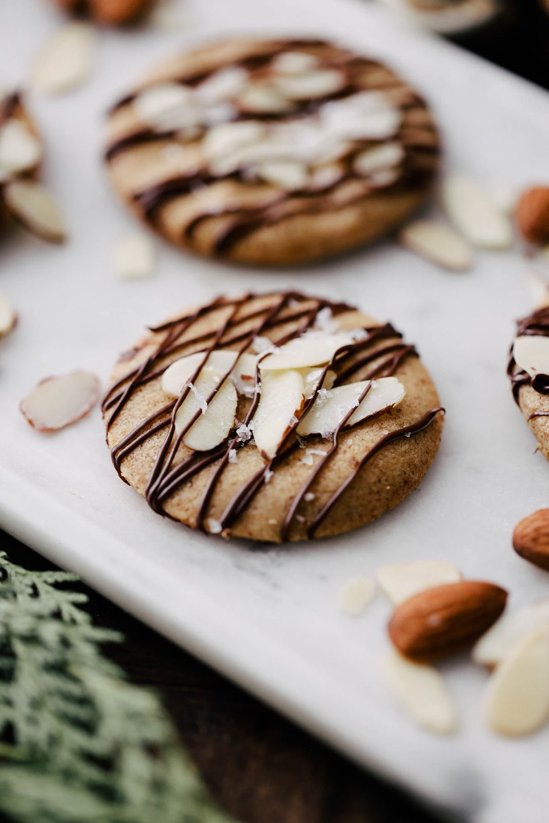Almond Butter Cookies with Chocolate on platter. 