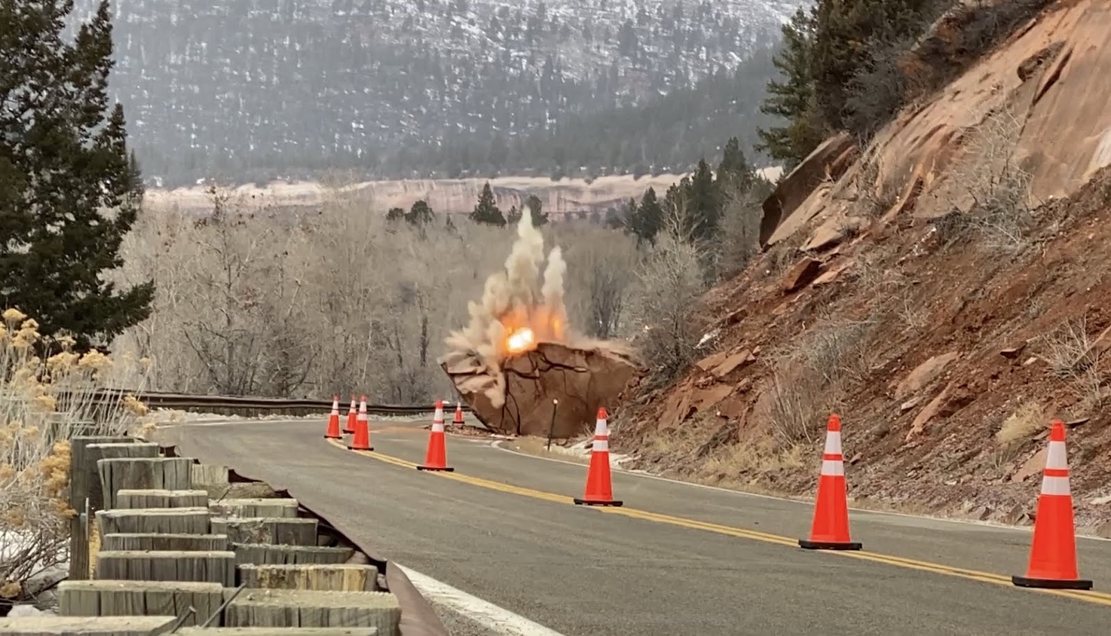 Sparks fly out of rock being blasted along CO 145