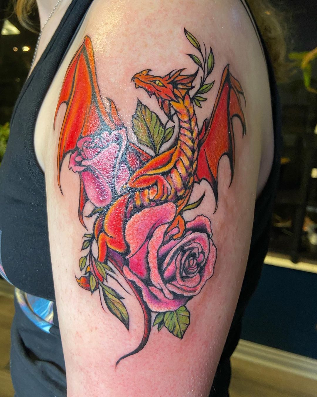 Colored Dragon Rose Flower Tattoo