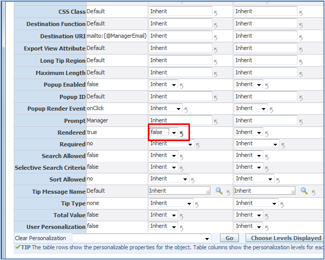 Hiding the table coloumn in OAF personalization