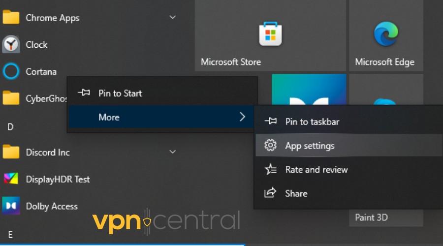 windows start menu cortana app settings