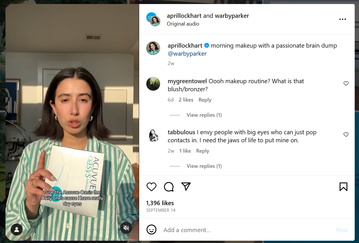 Screengrab of Warby Parker UGC on Instagram.