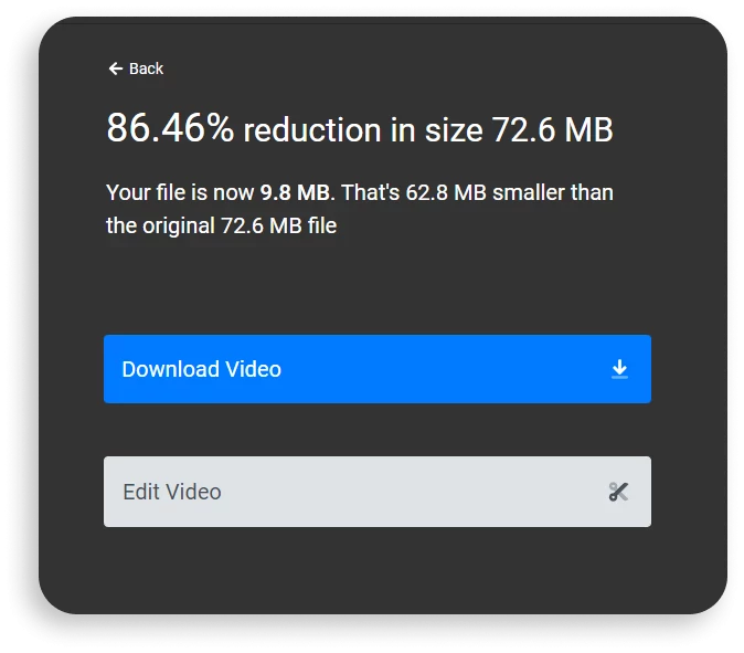 A screenshot of the Flixier compressor tool showing the download button and reporting that the video has been compressed by 86%