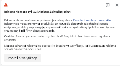 Odrzucona reklama na facebooku - screen