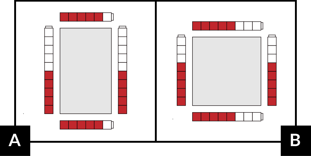 A: A rectangle measures 5 red and 5 white cubes by 5 red and 1 white cube. B: A rectangle measures 5 red cubes and 3 white cubes on all 4 sides.