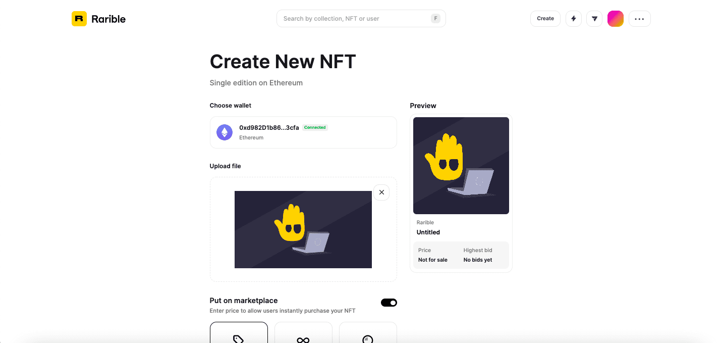 Rarible NFT creation webpage asking the user to upload the file to be linked in the NFT