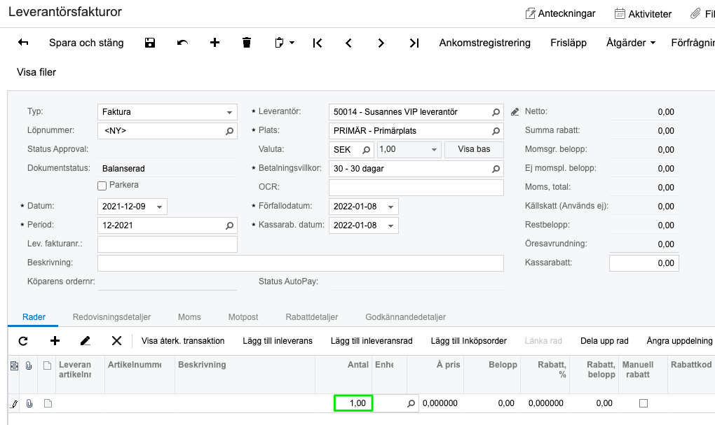Hur bokför jag en leverantörsfaktura med enbart moms? Steg2
