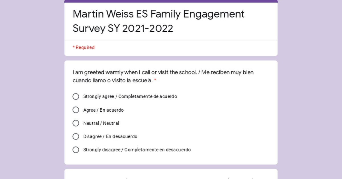 Martin Weiss ES Family Engagement Survey SY 2021-2022