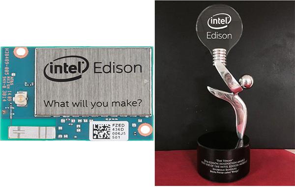 Left: Intel-Edison module now available world-wide for developers. Right: The “Tommy” award given by the Edison Innovation Foundation.