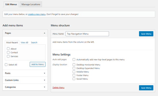 Um menu recém-criado no WordPress
