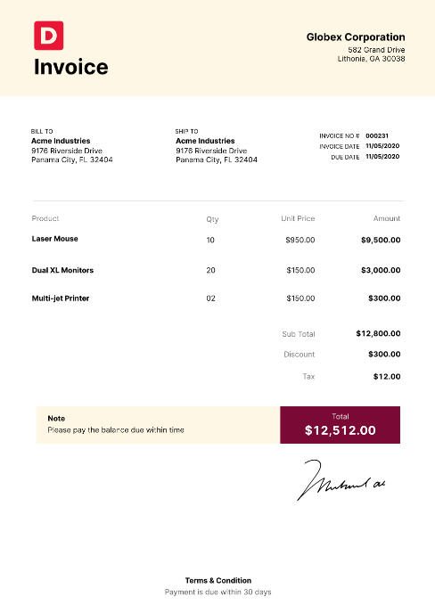 Example of An Invoice