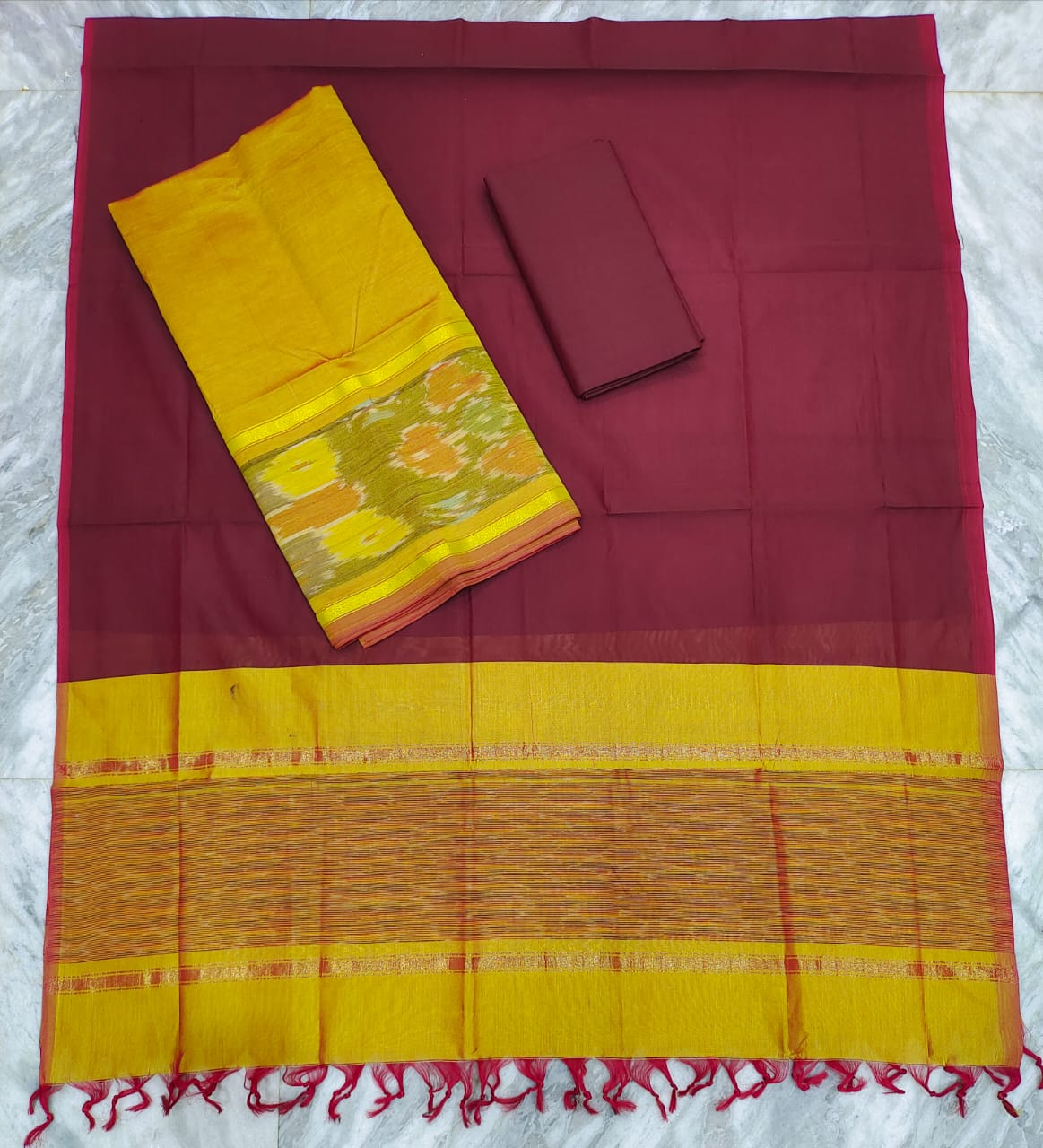 Mangalagiri Pattu Pochampalli Border Dress Material Set