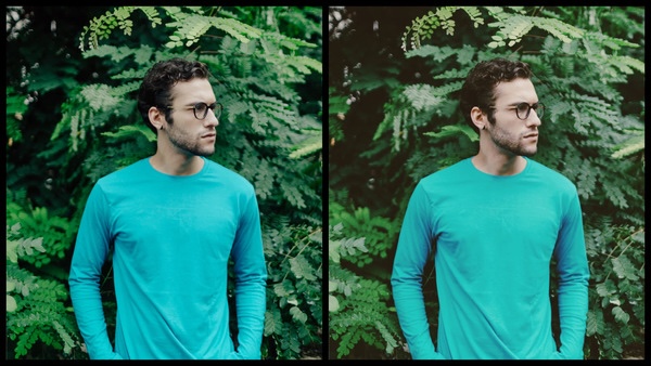 foto de um homem branco com camiseta azul posando em um fundo com plantas com o Filtro Moody do AirBrush