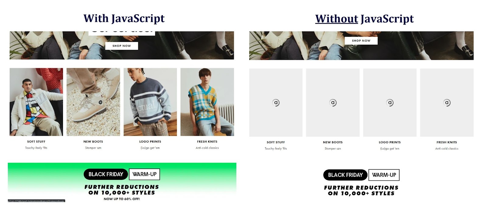 ASOS homepage with and without javascript