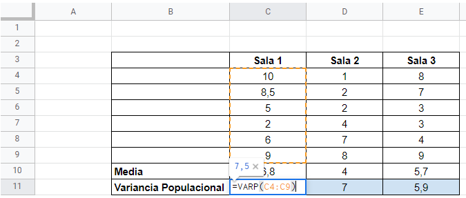 Inserindo a fórmula da variância populacional no excel 