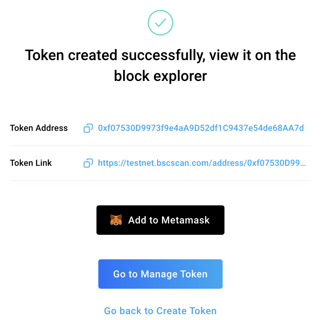 Pop modal when successfully creating token, shows Token Address, Token Link and Add to Metamask button