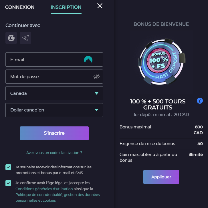 Processus d'inscription Izzi Casino