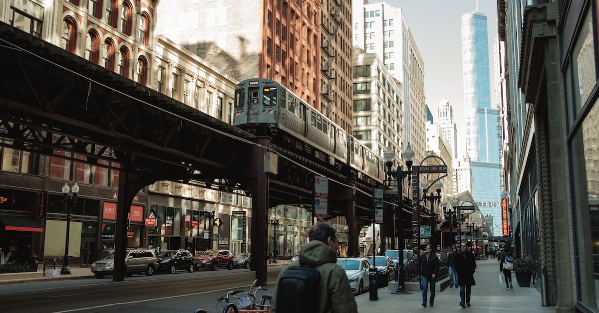 Street level view of a Chicago traincar.