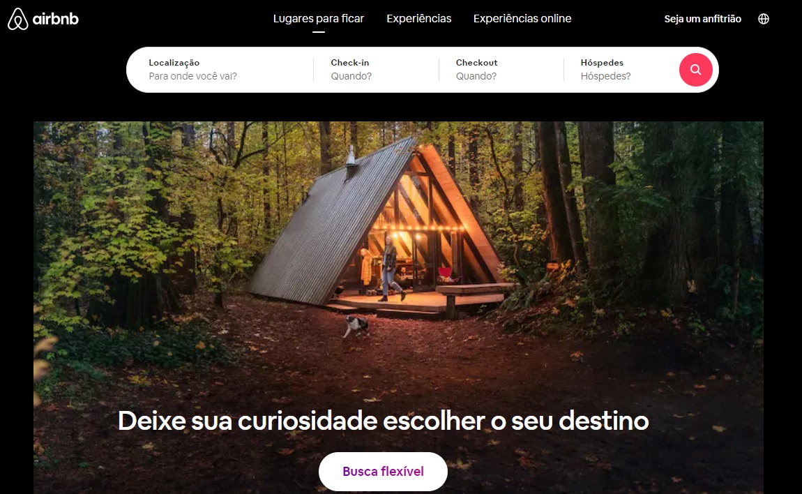 Página inicial do site Airbnb