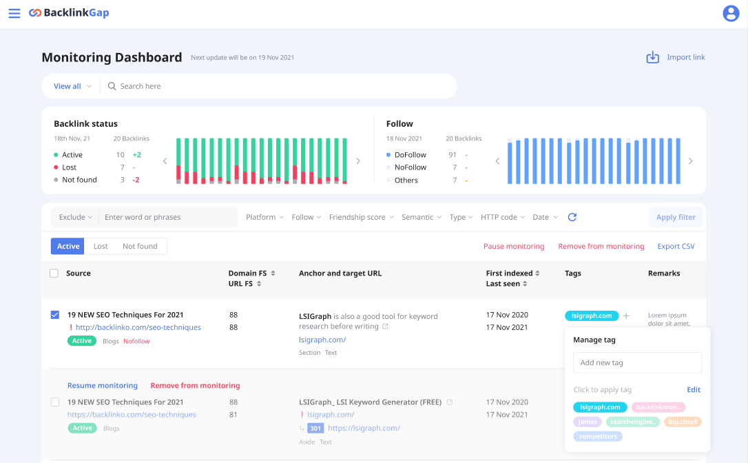 backlink checker tool's monitoring feature