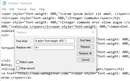 Usando o Bloco de Notas para corrigir rápida e facilmente o código HTML indesejado