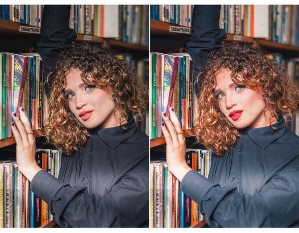 Foto de uma mulher de cabelo enrolado, na livraria, sendo editada pelo AirBrush