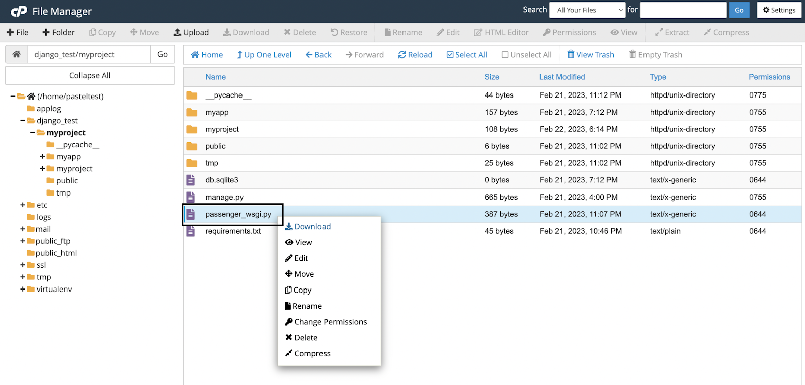 The cPanel File Manager interface displaying the 'django_test/myproject' directory contents. A contextual menu is open next to the 'passenger_wsgi.py' file with options like Download, View, Edit, Move, Copy, Rename, Change Permissions, Delete, and Compress.